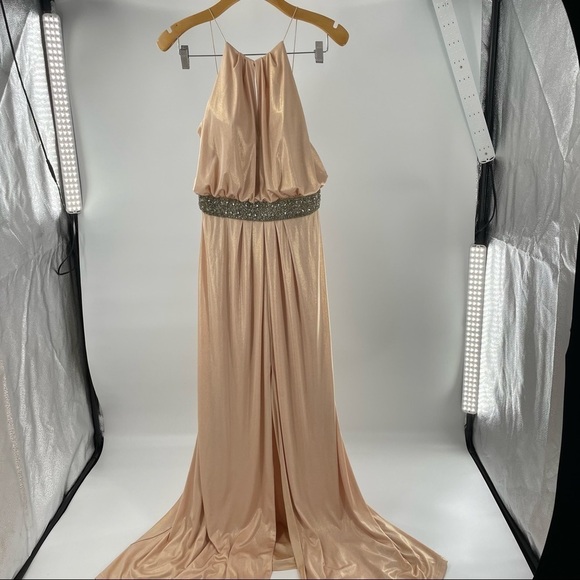 Aidan Mattox Metallic Halter Beaded Maxi Length Formal Gown Dress - Picture 1 of 15